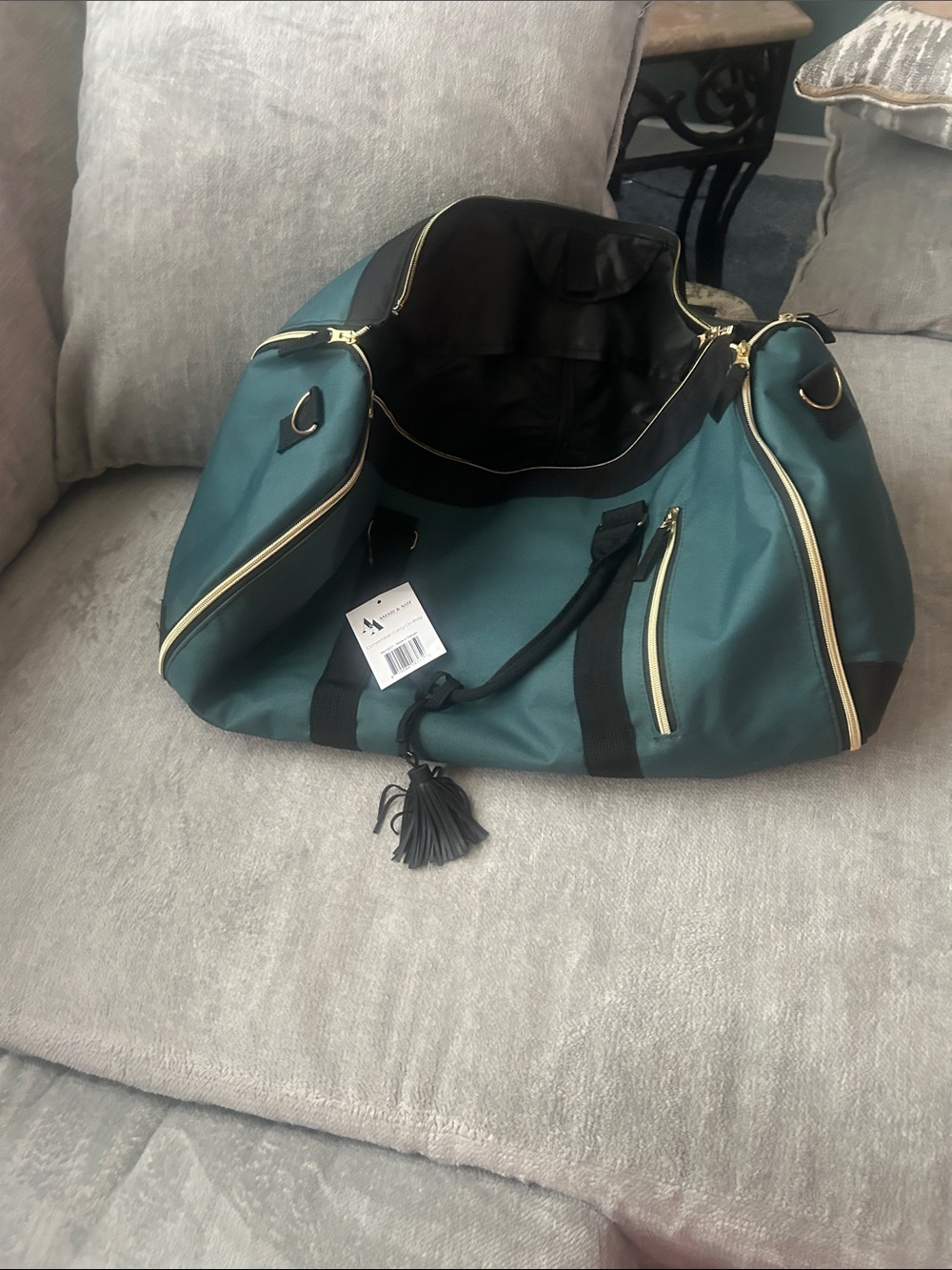 Teal Travel Weekender Bag with Black Accents and Gold Hardware